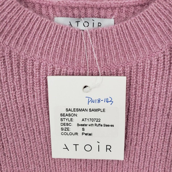 Atoir Ribbed Knit Sweater S Ruffle Long Sleeve Crew Neck Chunky Mauve Pink NWT - Picture 3 of 7